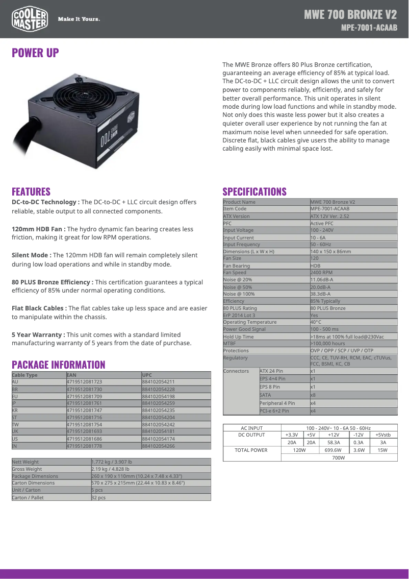 Page 1 of the manual Technical Sheet Cooler Master MWE 700 Bronze