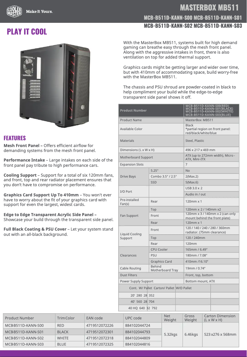 First page image of the manual for MasterBox MB511 ARGB