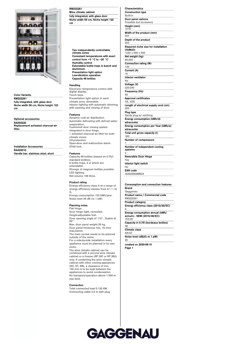 Page 1 of the manual Technical Sheet Gaggenau RW222261