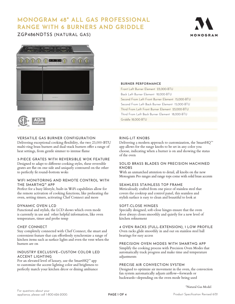 Page 1 of the manual Technical Sheet Monogram ZGP486NDTSS