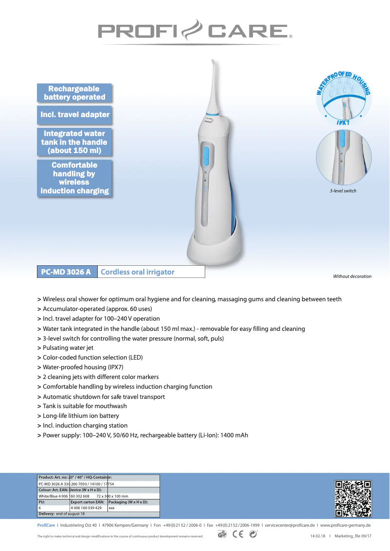 Page 1 de la notice Fiche technique ProfiCare PC-MD 3026