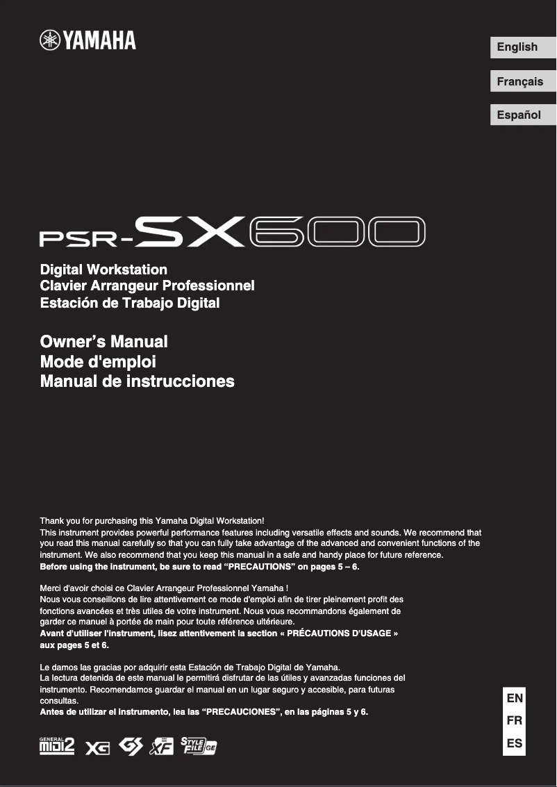 First page image of the manual for PSR-SX600