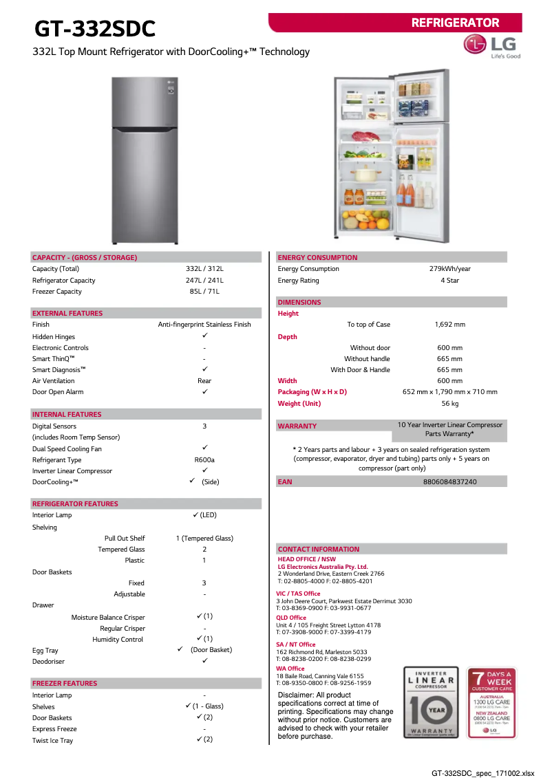 Page 1 of the manual Technical Sheet LG GT-332SDC