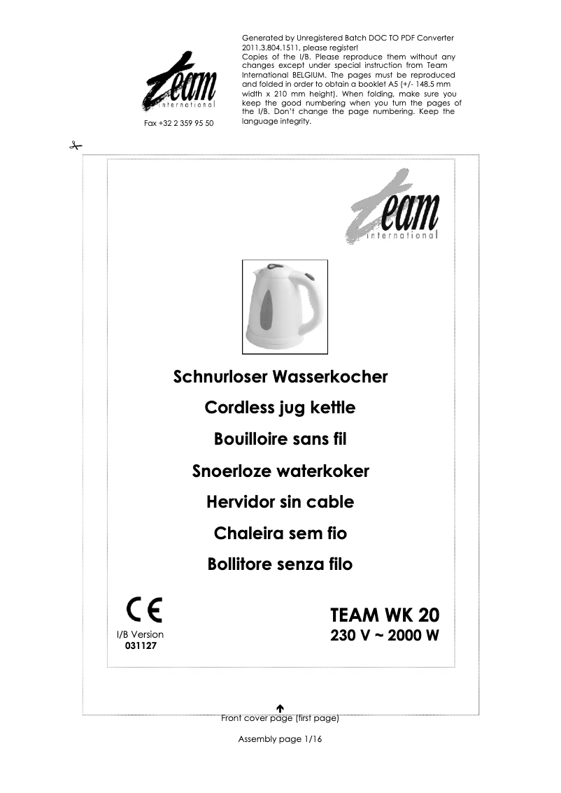 Page 1 of the manual User Manual Team WK 20