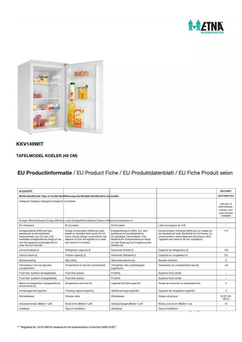 Page 1 of the manual Technical Sheet Etna KKV149WIT