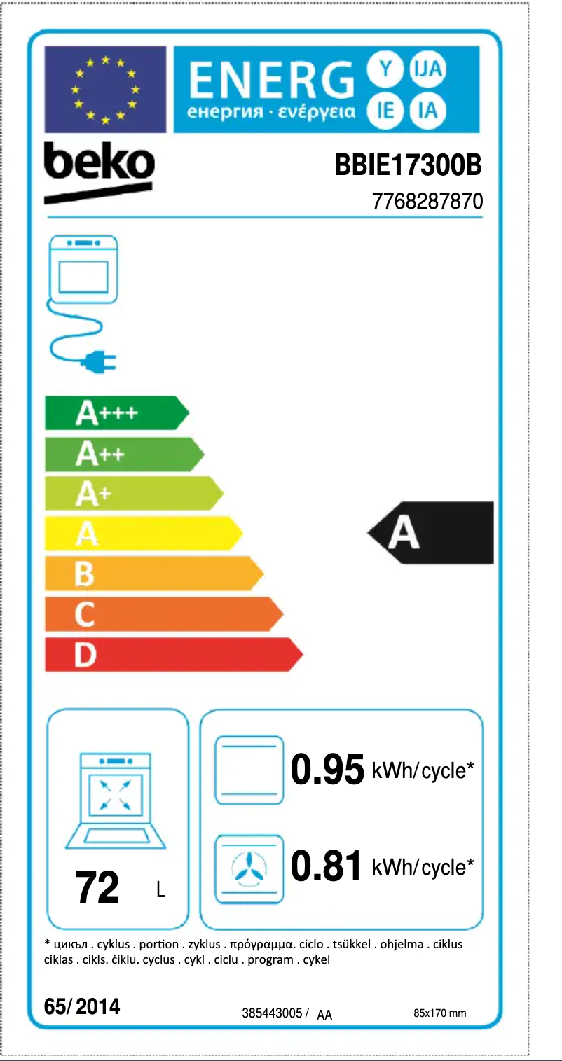 Page 1 of the manual Energy Label Beko BBSE17300B