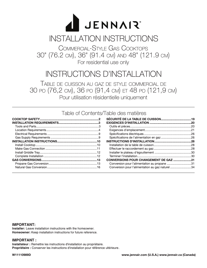 Page 1 of the manual Installation Guide Jenn-Air JGCP748HL