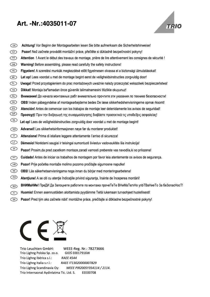 Page 1 of the manual User Manual Trio Lighting Icaro 4035011-07