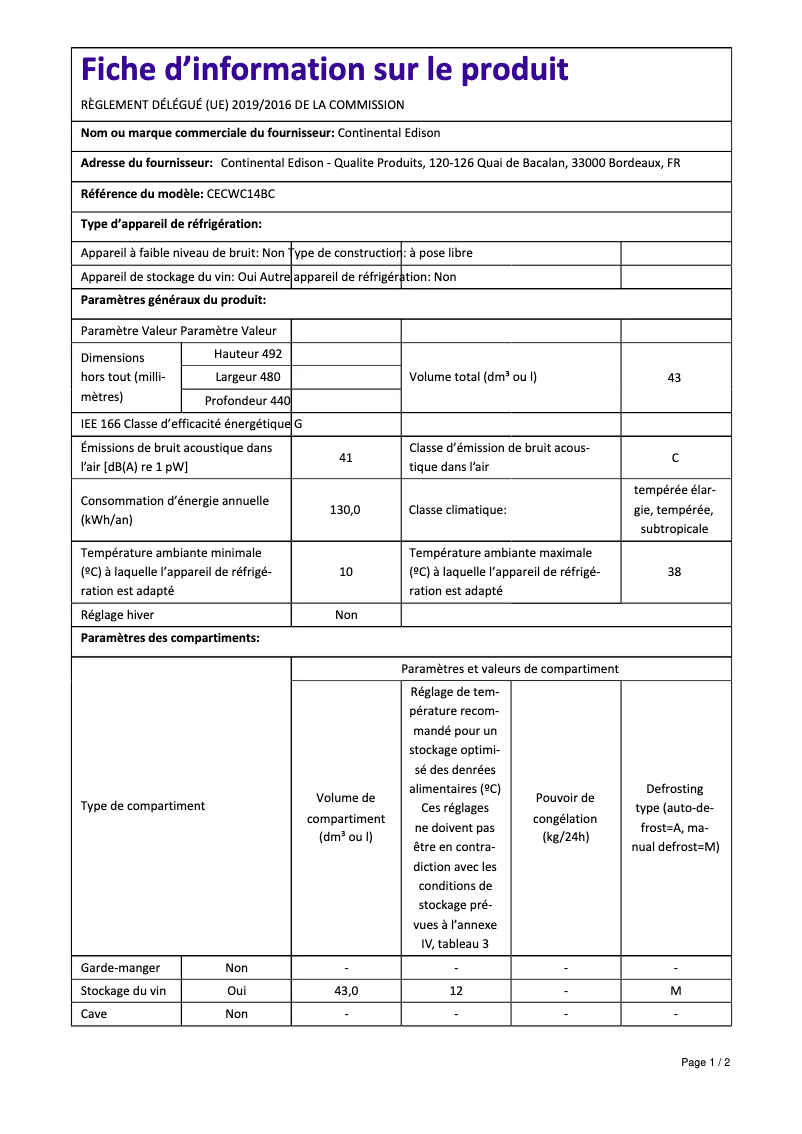 Page 1 of the manual Energy Label Continental Edison CECWC14BC