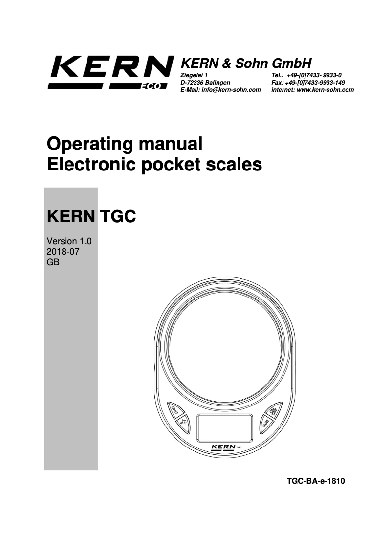 Page 1 of the manual User Manual Kern TGC 150-2