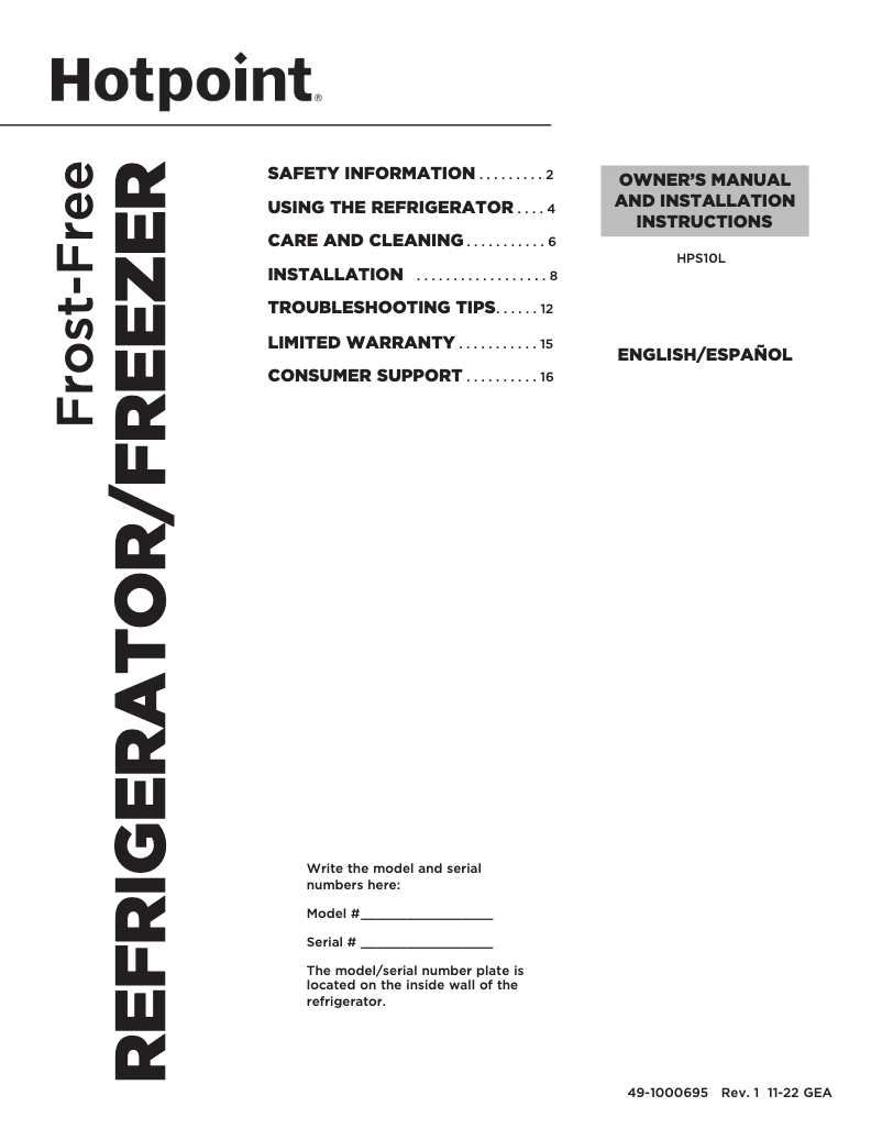 First page image of the manual for HPS10LSVRSS