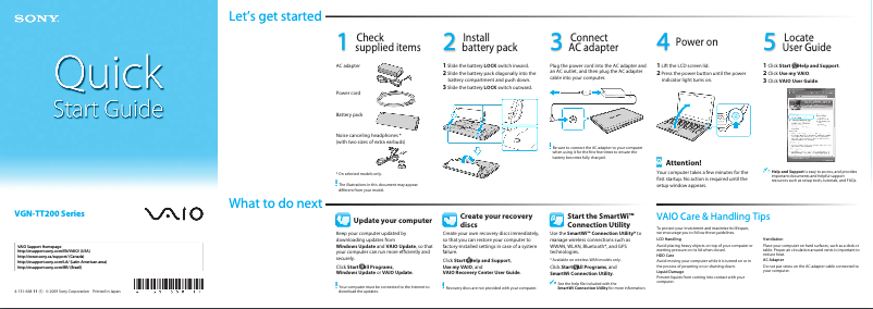 Page 1 of the manual Installation Guide Sony Vaio VGN-TT250D