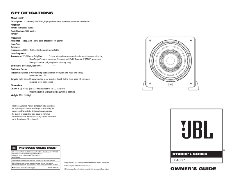 Page 1 of the manual User Manual JBL Studio L8400P