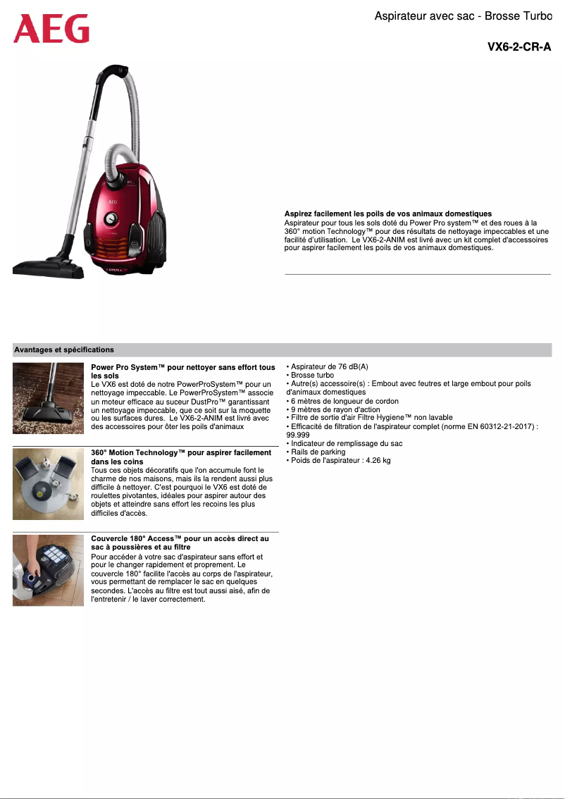 Page 1 of the manual Technical Sheet AEG VX6-2-CR-A