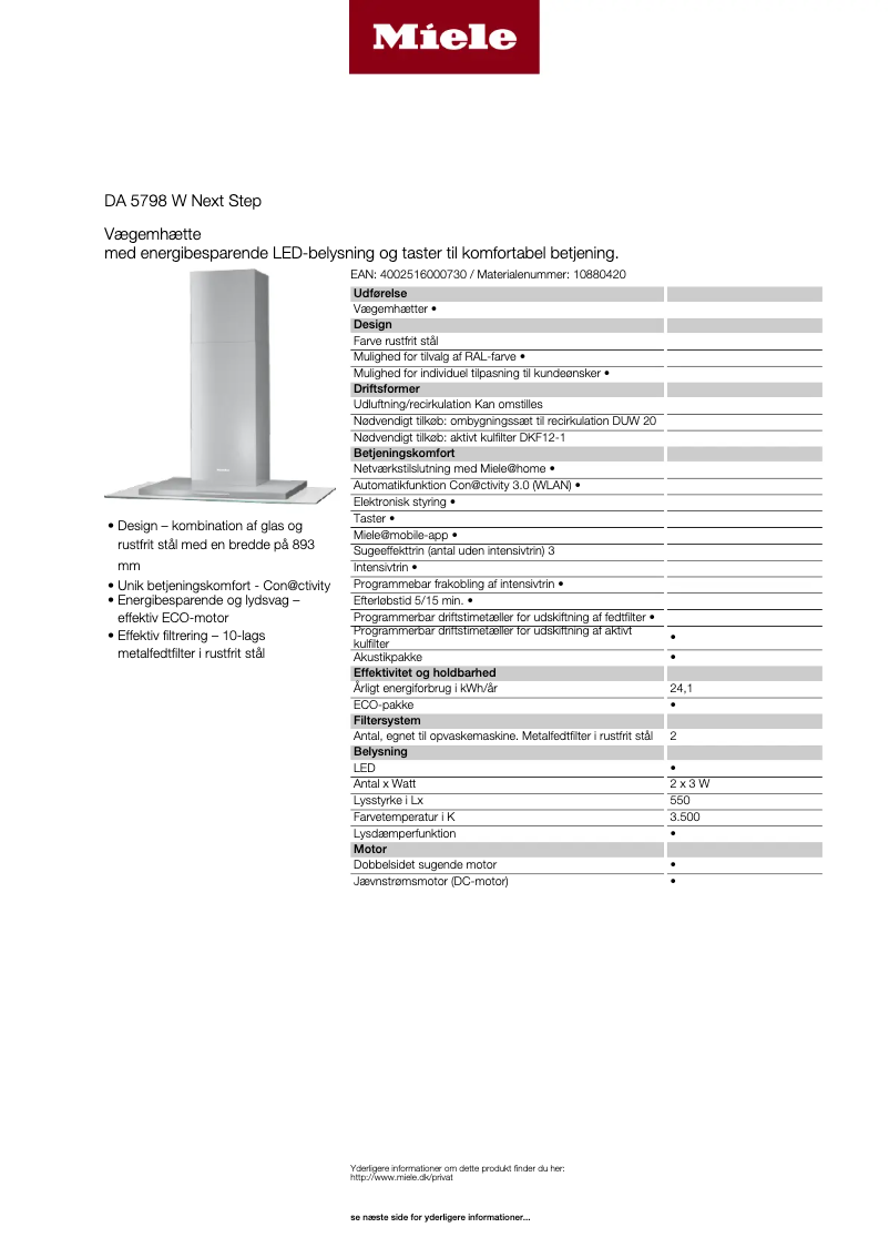 Page 1 of the manual Technical Sheet Miele DA 5798 W Next Step