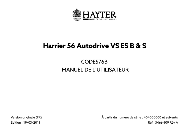 First page image of the manual for Harrier 56