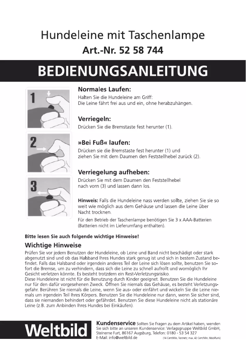 Page 1 of the manual User Manual Weltbild 52 58 744