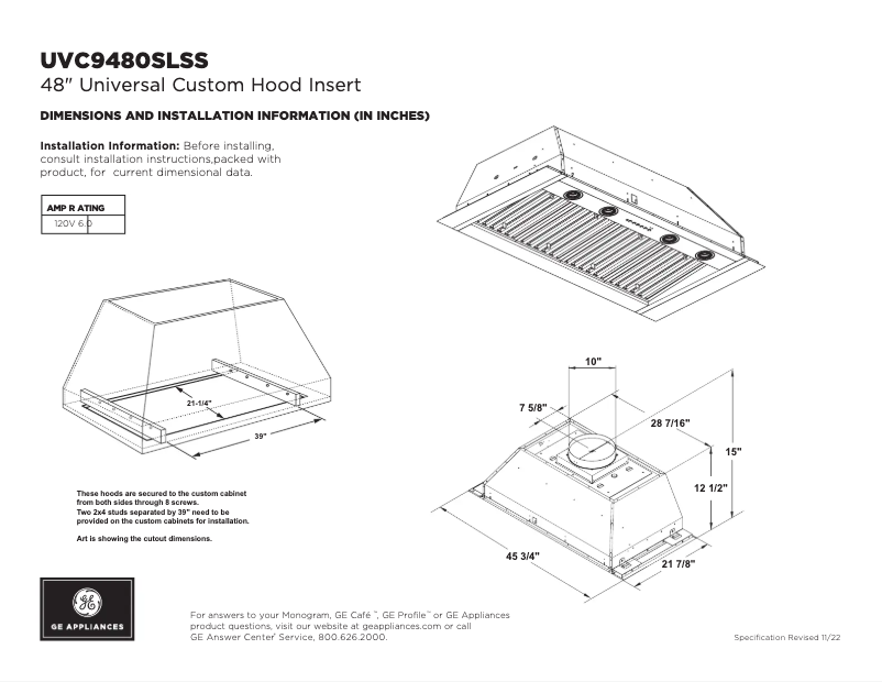 Page 1 of the manual Technical Sheet GE UVC9480SLSS