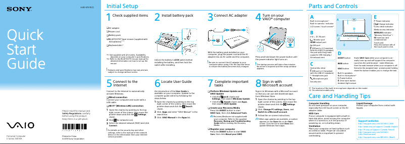 First page image of the manual for Vaio SVE14A35CXH