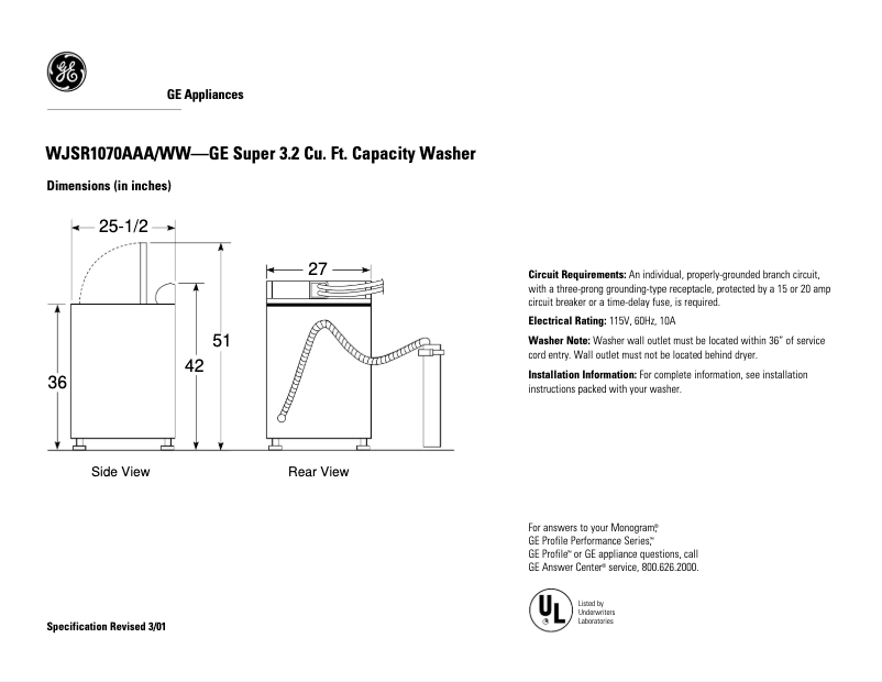 Page 1 of the manual Technical Sheet GE WJSR1070AAA