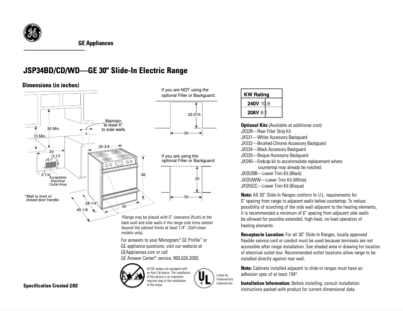 Page 1 of the manual Technical Sheet GE JSP34WDWW