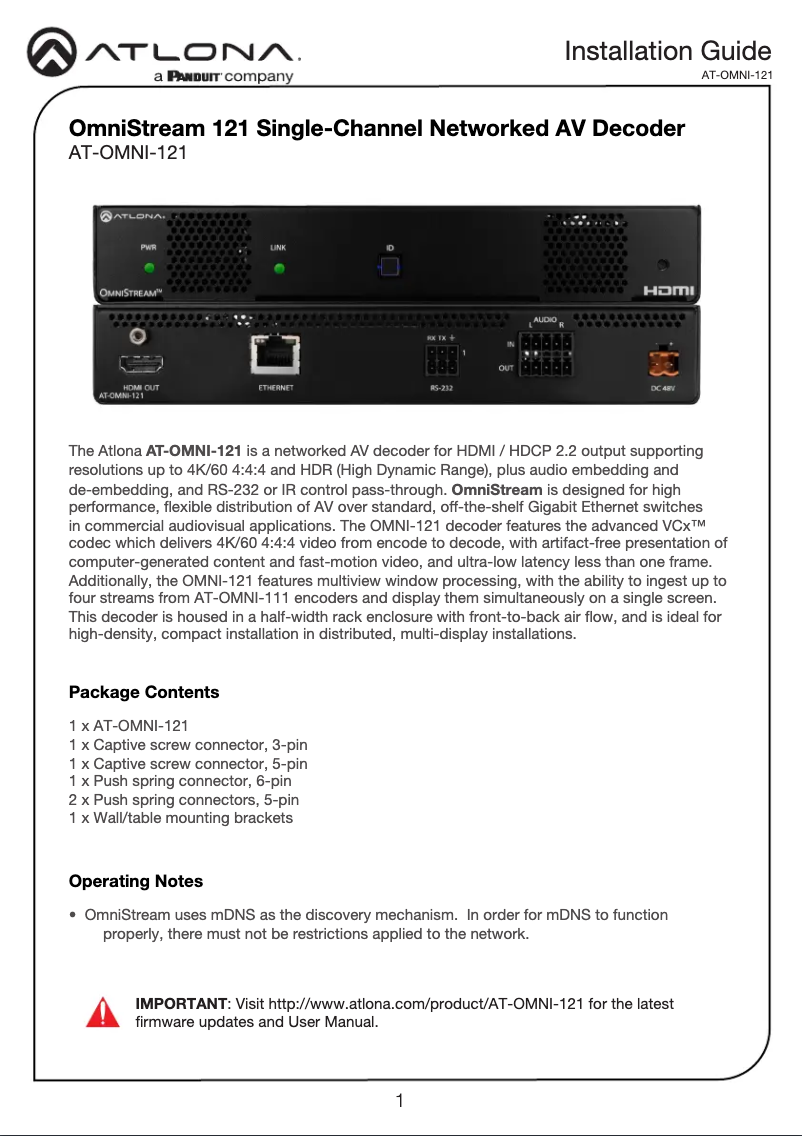 Page 1 of the manual Installation Guide Atlona AT-OMNI-121