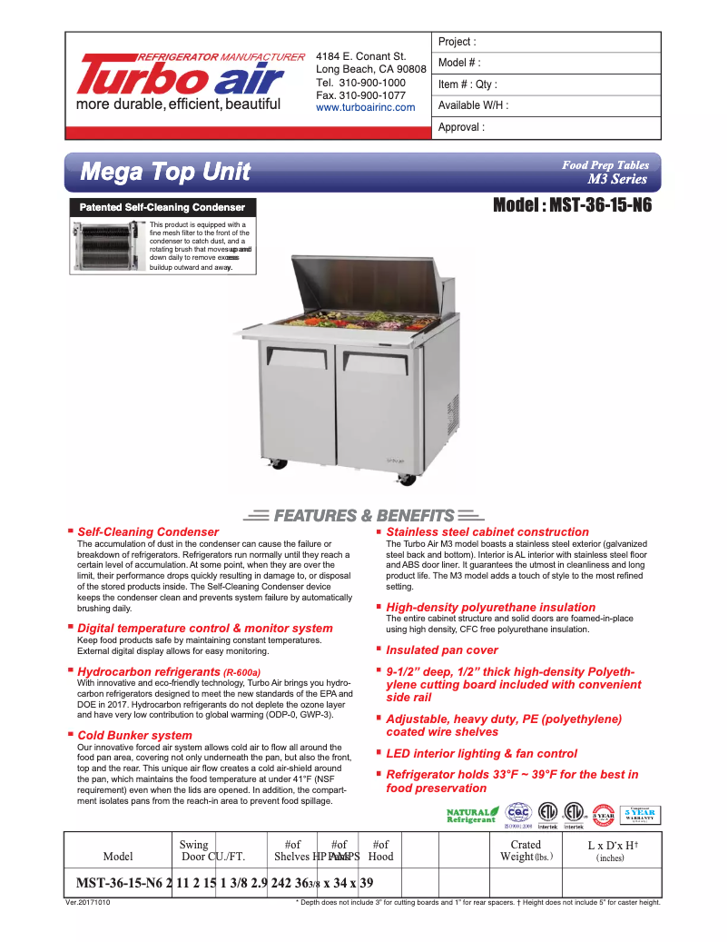 Page 1 of the manual Technical Sheet Turbo air MST-36-15