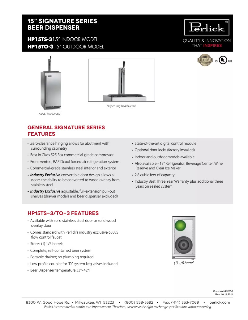 Page 1 of the manual Technical Sheet Perlick Signature Series HP15TS-3-2L