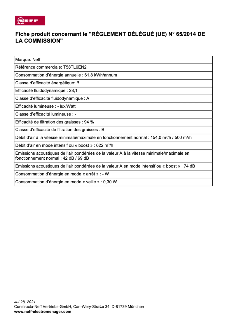 Page 1 of the manual Energy Label Neff T58TL6EN2