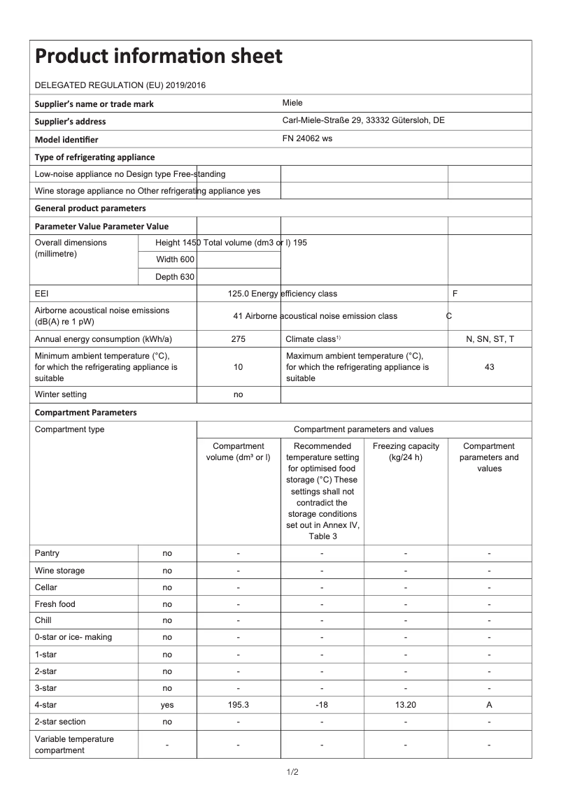 Page 1 of the manual Technical Sheet Miele FN 24062 WS