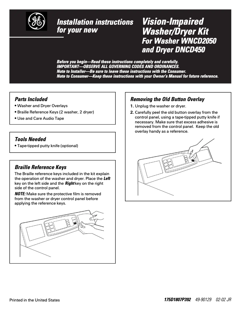 Page 1 of the manual Installation Guide GE WNCD2050AWC