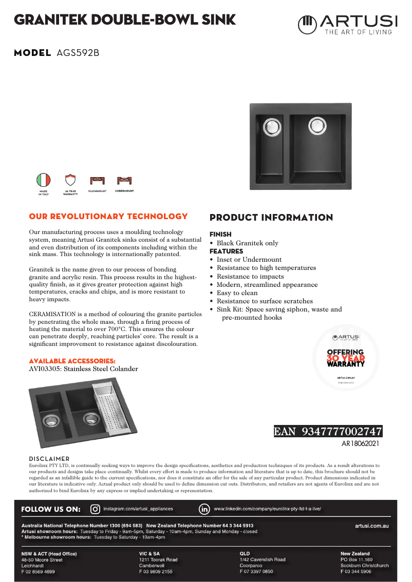 Page 1 of the manual Technical Sheet Artusi AGS592B