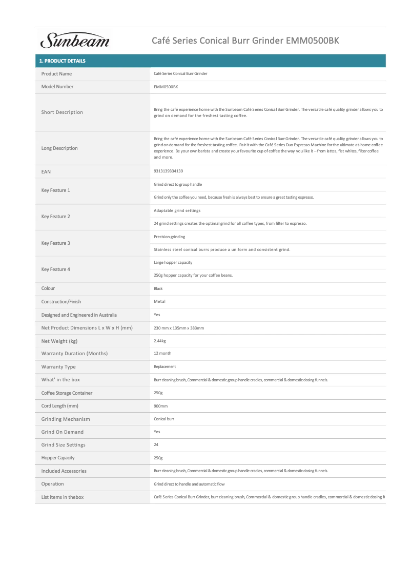 Page 1 of the manual Technical Sheet Sunbeam Café Series Conical Burr EMM0500BK