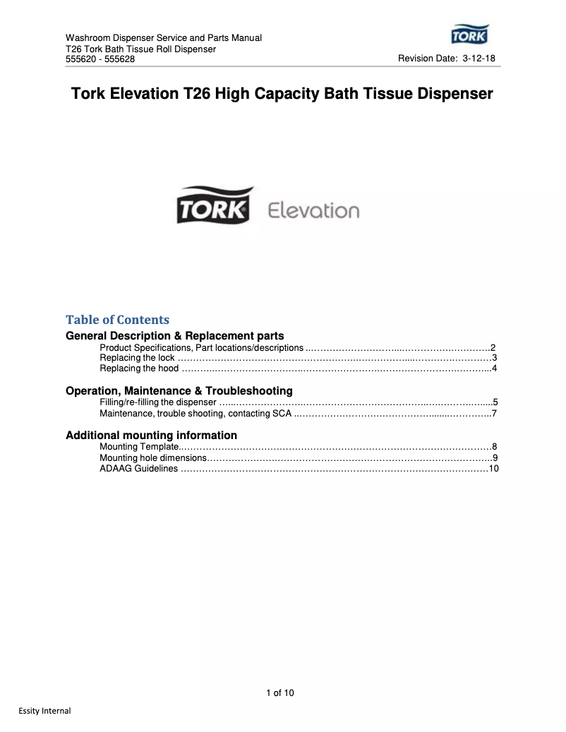 Page 1 de la notice Manuel utilisateur Tork Elevation T26