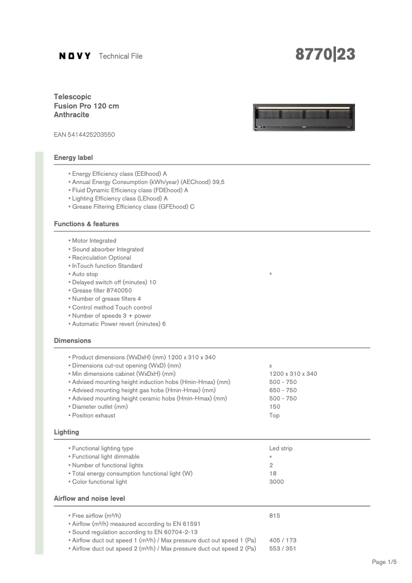 Page 1 of the manual Technical Sheet Novy Fusion Pro 8770