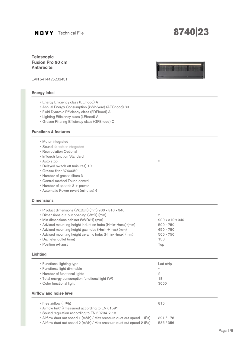 Page 1 of the manual Technical Sheet Novy Fusion Pro 8740