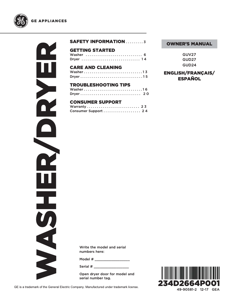 Page 1 of the manual Use and Maintenance Manual GE GUV27ESSMWW