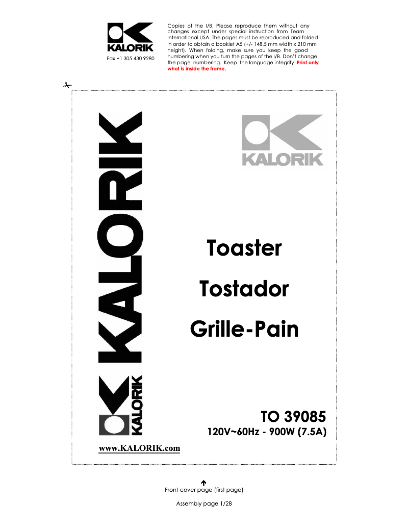 Page 1 of the manual User Manual Kalorik TO-39085