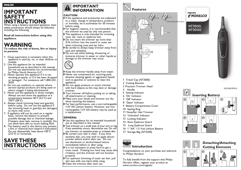First page image of the manual for Norelco NoseTrimmer 3500 NT3500