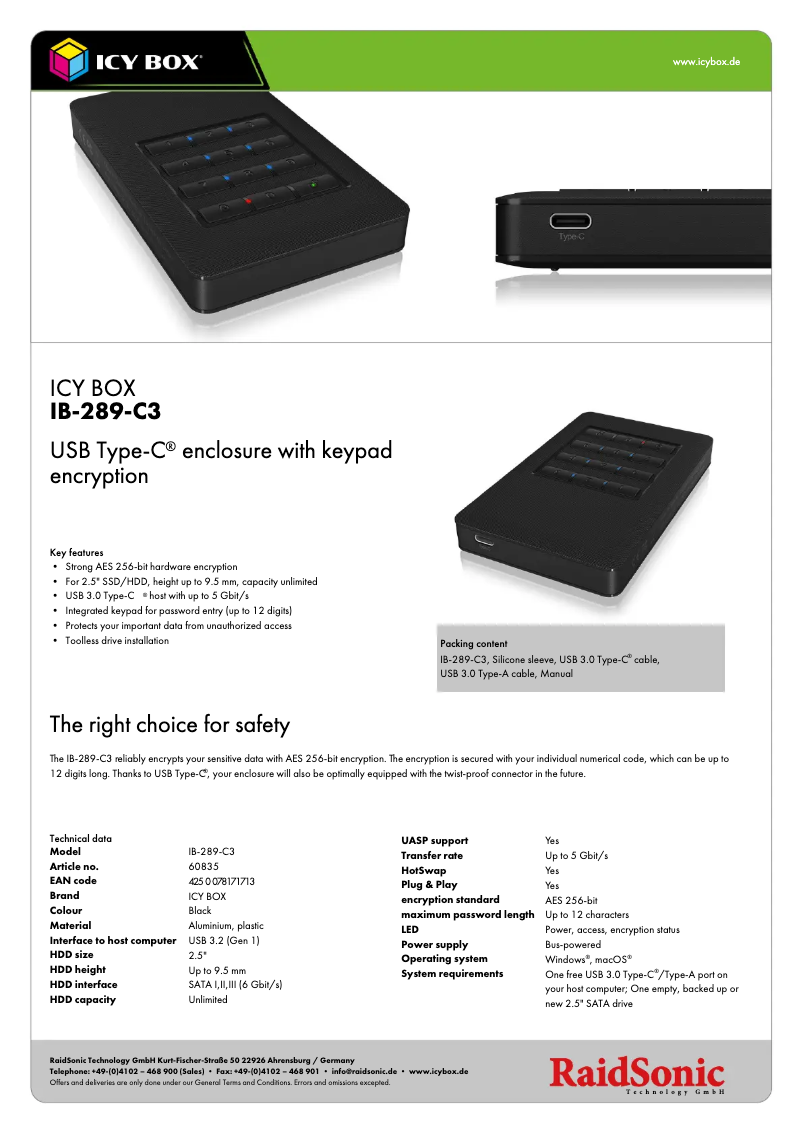 Page 1 of the manual Technical Sheet Icy Box IB-289-C3