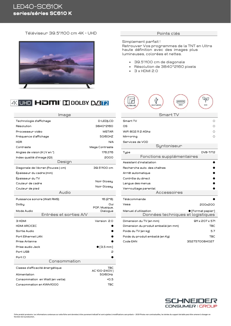 Page 1 of the manual Technical Sheet Schneider LED40-SC610K