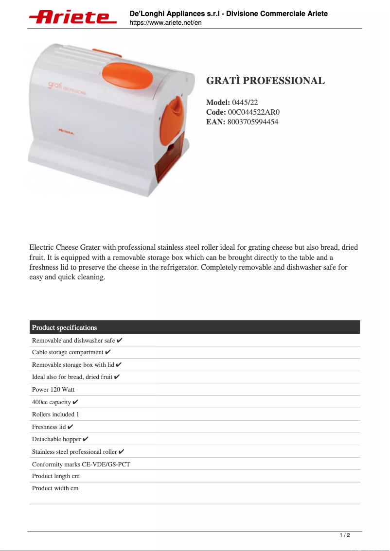 Page 1 de la notice Fiche technique Ariete Gratì Professional 0445