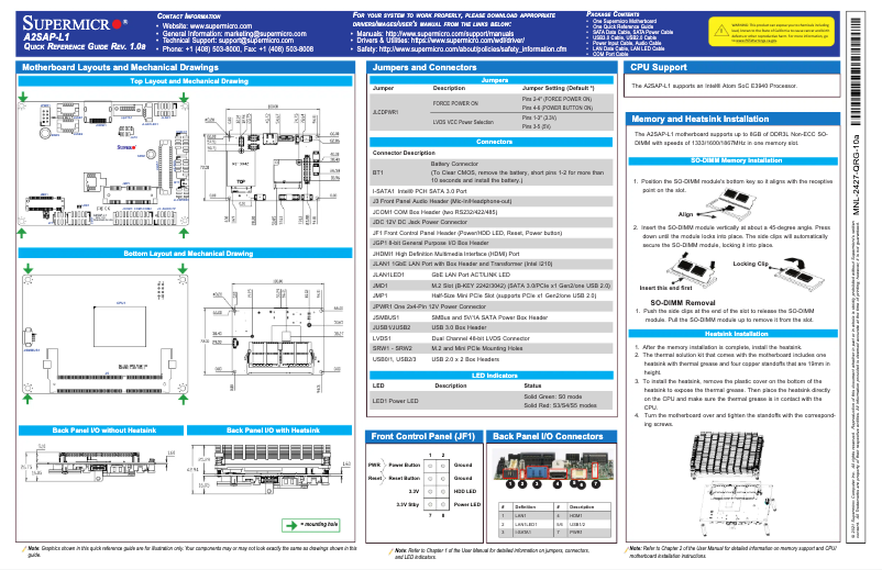Page 1 of the manual Quick Start Guide Supermicro A2SAP-L1