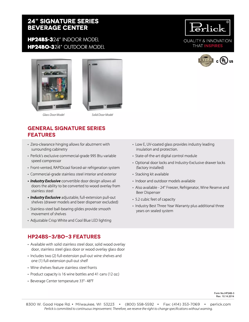 Page 1 of the manual Technical Sheet Perlick Signature Series HP24BS-3-2L