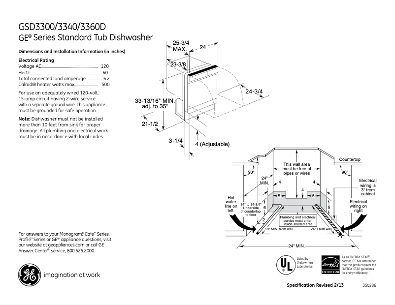 Page 1 of the manual Technical Sheet GE GSD3340DSA