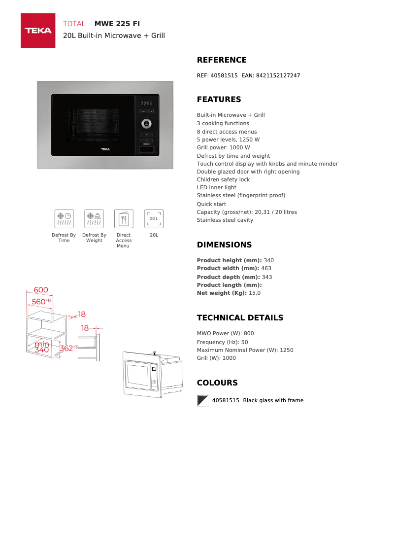 Page 1 of the manual Technical Sheet Teka MWE 225 FI