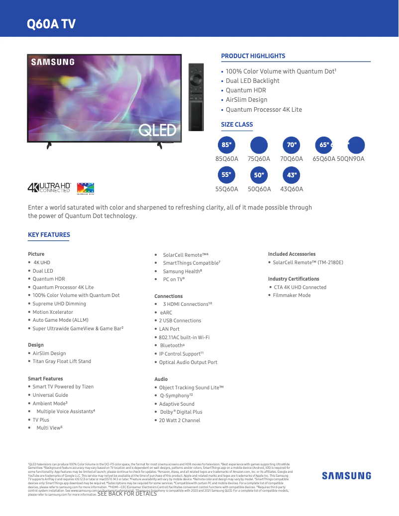 Page 1 of the manual Technical Sheet Samsung QN85Q60A
