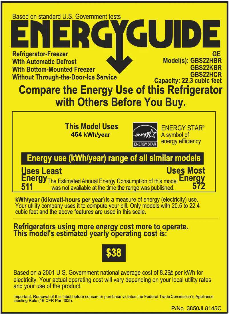 Page 1 of the manual Energy Label GE GBS22HBRWW