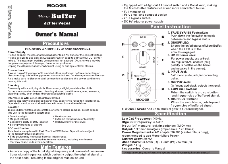 Page 1 of the manual User Manual Mooer Micro Buffer