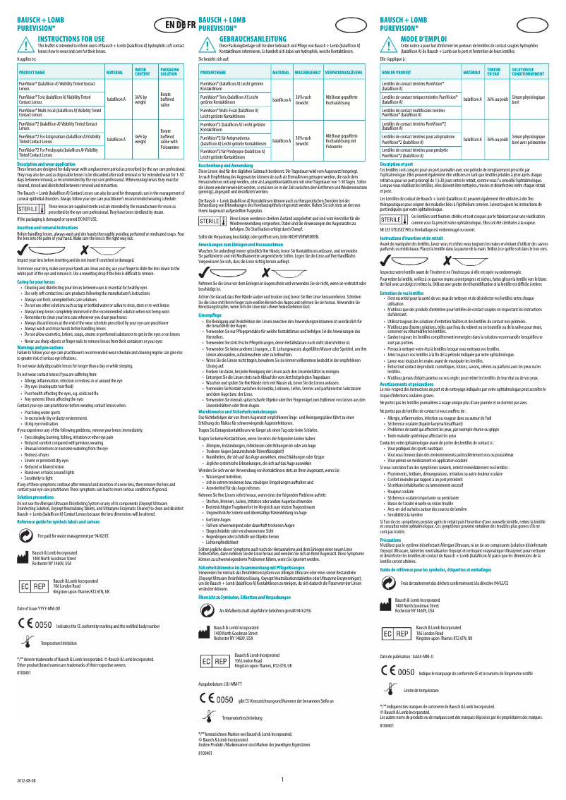 First page image of the manual for PureVision Toric
